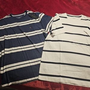 Tommy Hilfiger Navy and White Striped T-Shirts